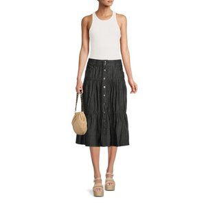 Time And Tru Women’s Black Wash Denim 3-Tiered Boho Pocket Button Down Skirt 6